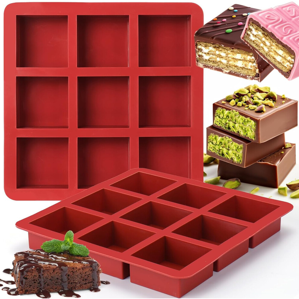Large Square Silicone Moulds Set - 2 Pack of 9-Cavity Trays for Brownies, Chocolate, Cakes & Baking