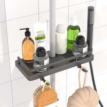 Étagère de Douche Sans Percage pour Barre de 18-25 mm avec Crochets Gris Foncé