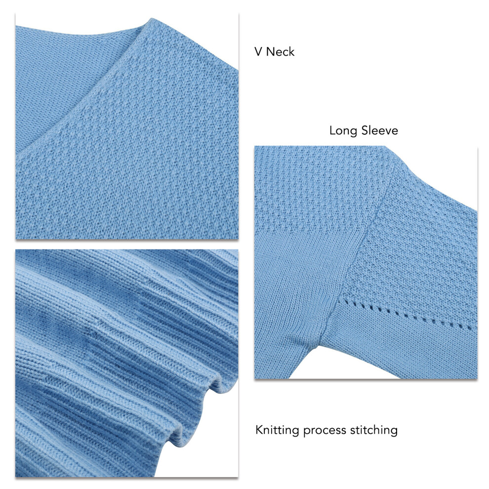 Women's Sky Blue V Neck Acrylic Sweater Long Sleeve S-XL-image-OPC-PMKJDM8-NEW