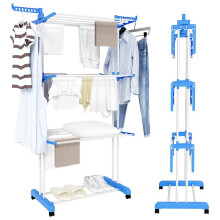 (blue) Clothes Drying Rack 4 Tier Adjustable Rolling Laundry Hanger with Foldable Wings Large Stainless Steel Garment Dryer with Casters for Outdoo