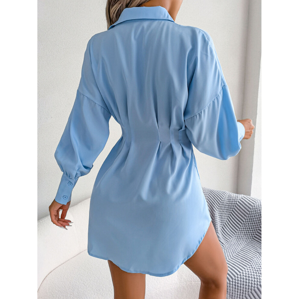 Blue XL Mini Shirt Dress with Pleats & Asymmetrical Collar-image-OPC-PMKJW75-NEW