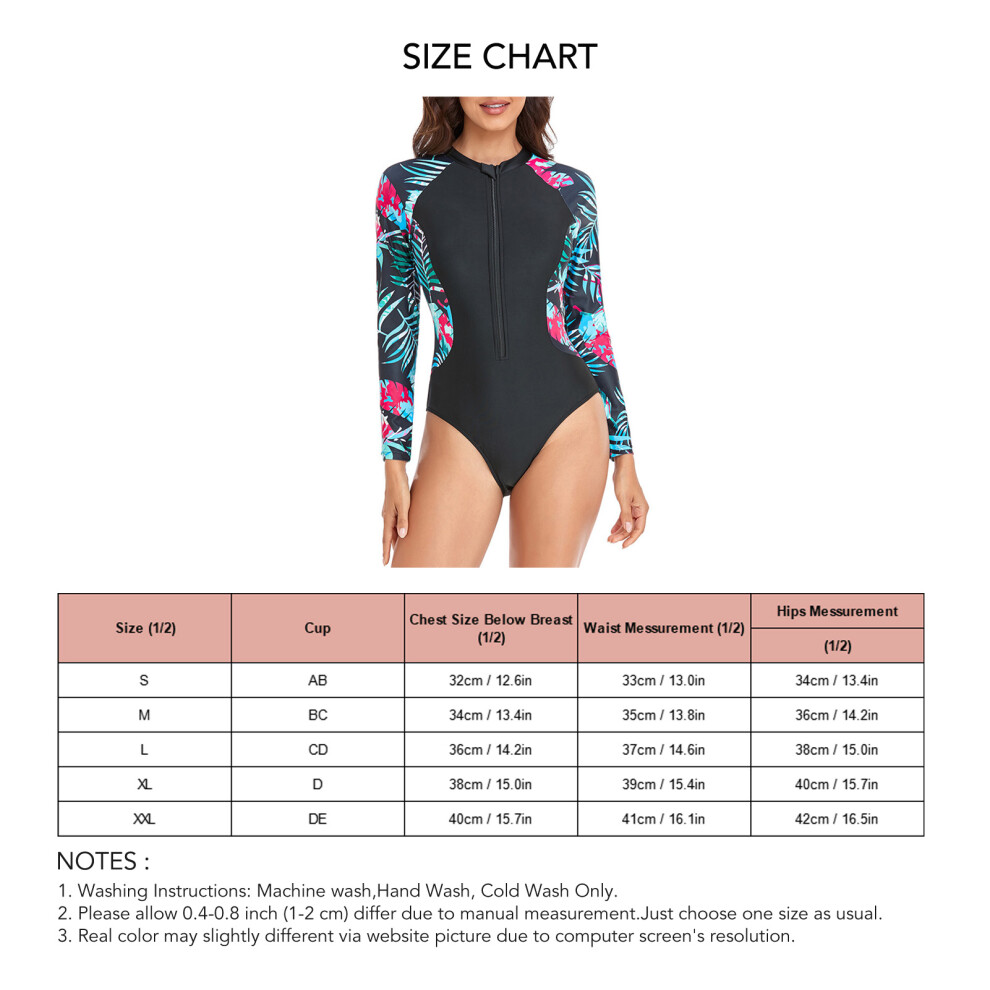 Women's Long Sleeve Zip Swimsuit Green Leaves, S-XL, 82%Polyester-image-OPC-PMKJWJD-NEW