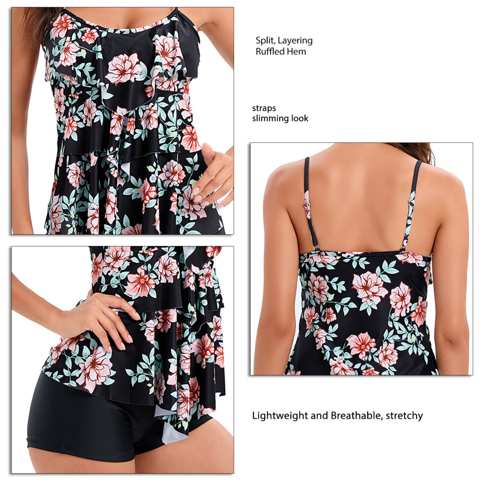 Women's Floral Ruffle Hem Split Swimsuit Black Pink XXL 2XL-image-OPC-PMKJWS7-NEW