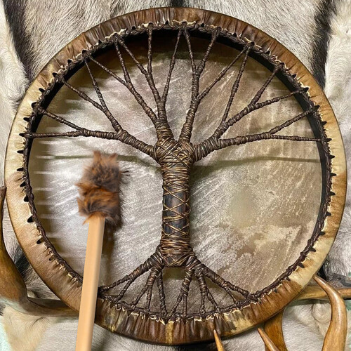 Vintage 25cm Round Shamanic Drum with Tree Pattern Polyester Sheepskin 2