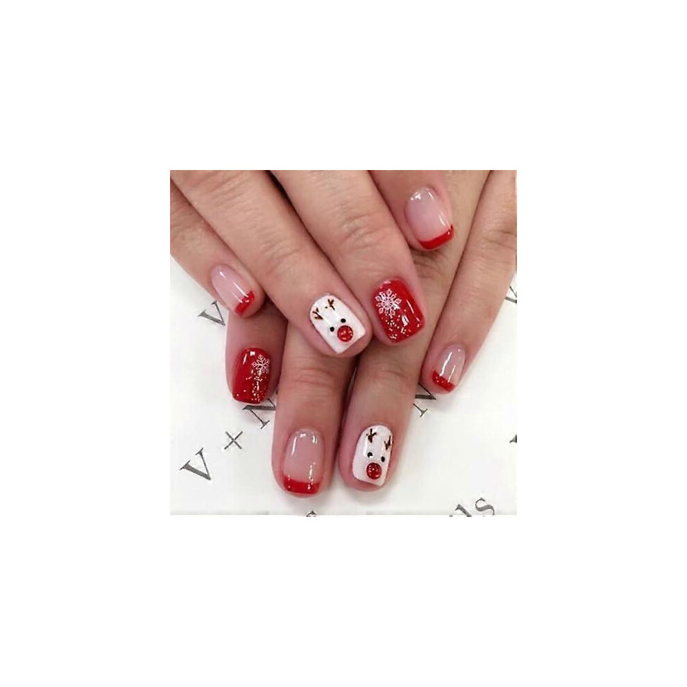 Kikidex (As Show, One Size) Wedity 24 Pcs Christmas False Nails Cute Santa Claus Snowflake Elk Fake Nails Short Nail Press On False Nails (B)
