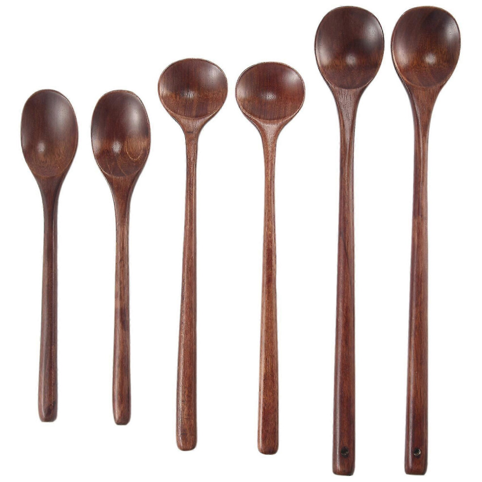 Kikidex (As Show, One Size) 6 Pieces Wooden Spoons Kitchen Serving Long Handle Soup Spoons Cooking Tasting Spoons For Eating Mi