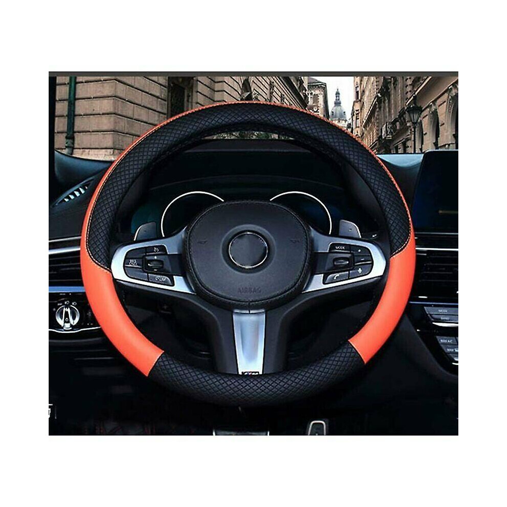 Kikidex (As Show, One Size) Wavy Line Splice X Microfiber Leather Steering Wheel Cover With Orange Stitch