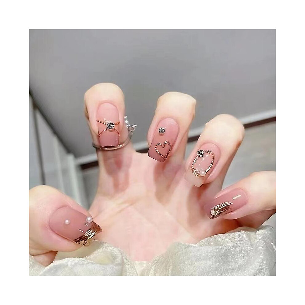 Kikidex (As Show, One Size) Blush Smudged Pearl Heap Drill Wear Armor Temperament Manicure Piece French Gold Leaf Color Nail Piece