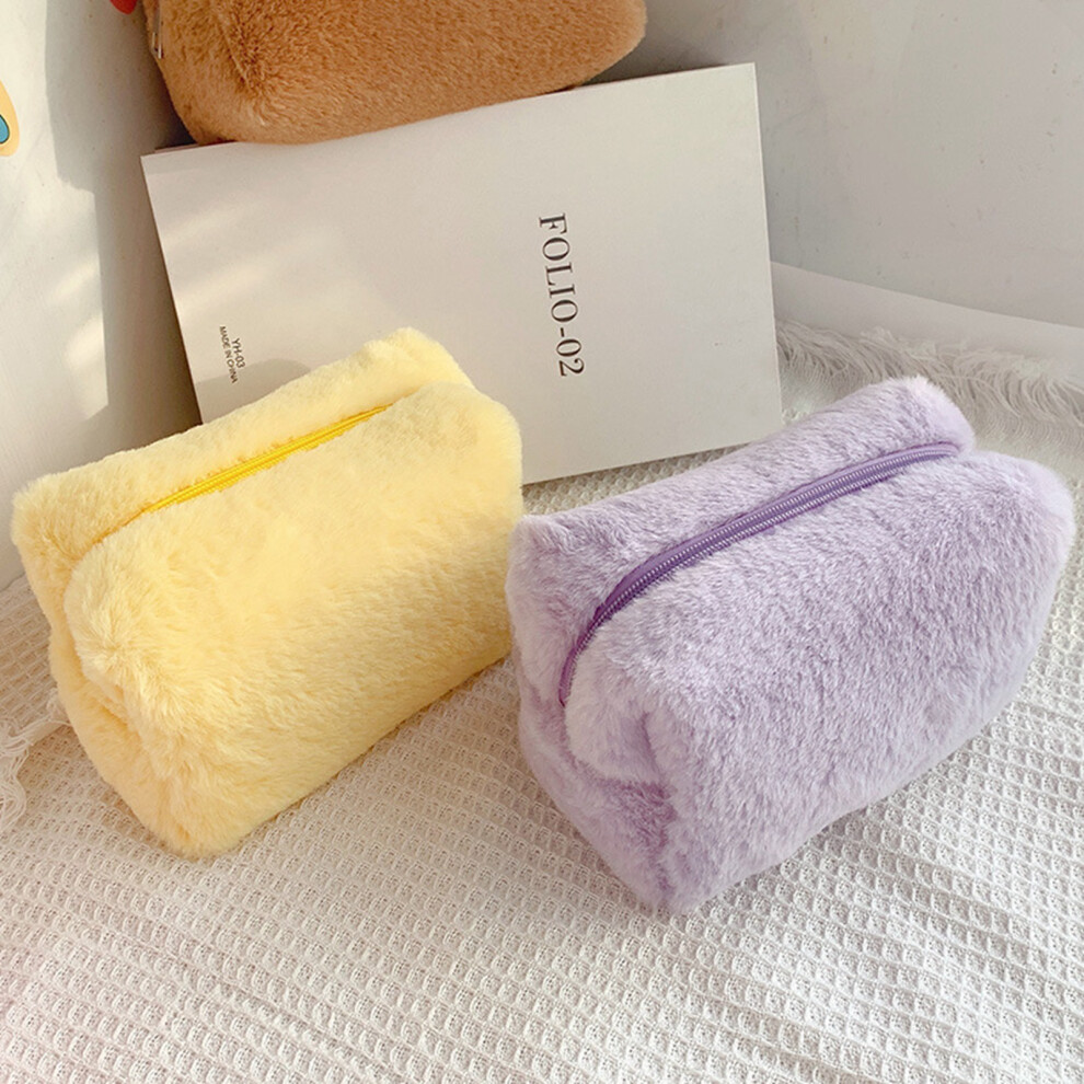 Bright Yellow Plush Makeup Bag, Soft Fluffy Portable Cosmetics Storage