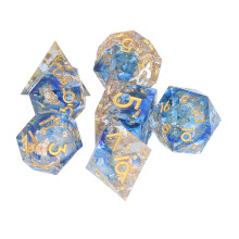 7 Stück Resin-Würfelset, Polyedrische Formen, Klare Zahlen, Blau & Gold
