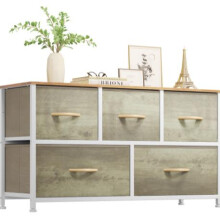 (Light Wood Color) YITAHOME Chest of Drawers 5 Fabric Drawer Bedroom Storage Cabinet Bedside Organizer Unit