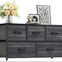 (Black Wood Grain) YITAHOME Chest of Drawers 5 Fabric Drawer Bedroom Storage Cabinet Bedside Organizer Unit