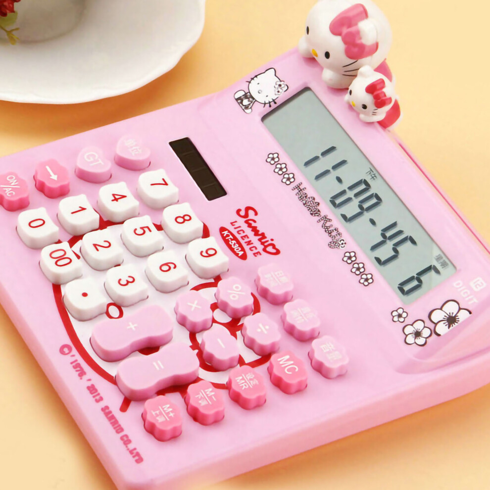 Cute Pink Cat Style 12-Digit Solar Desktop Calculator, 18cm-image-OPC-PMKKSS5-NEW