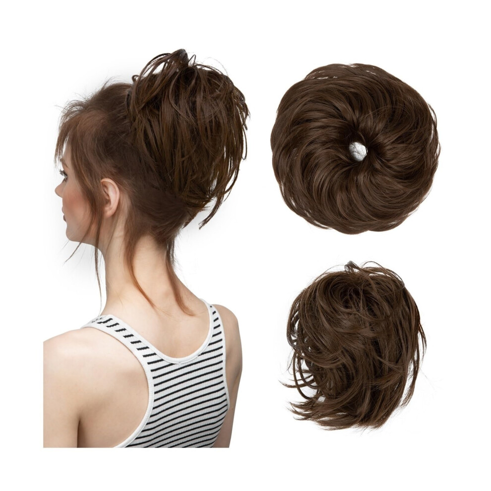 Bun Hair Piece Synthetic Elastic Messy Bun Donut Hairpiece Chignon For Women, Curly Scrunchie Updo, Coffee Brown