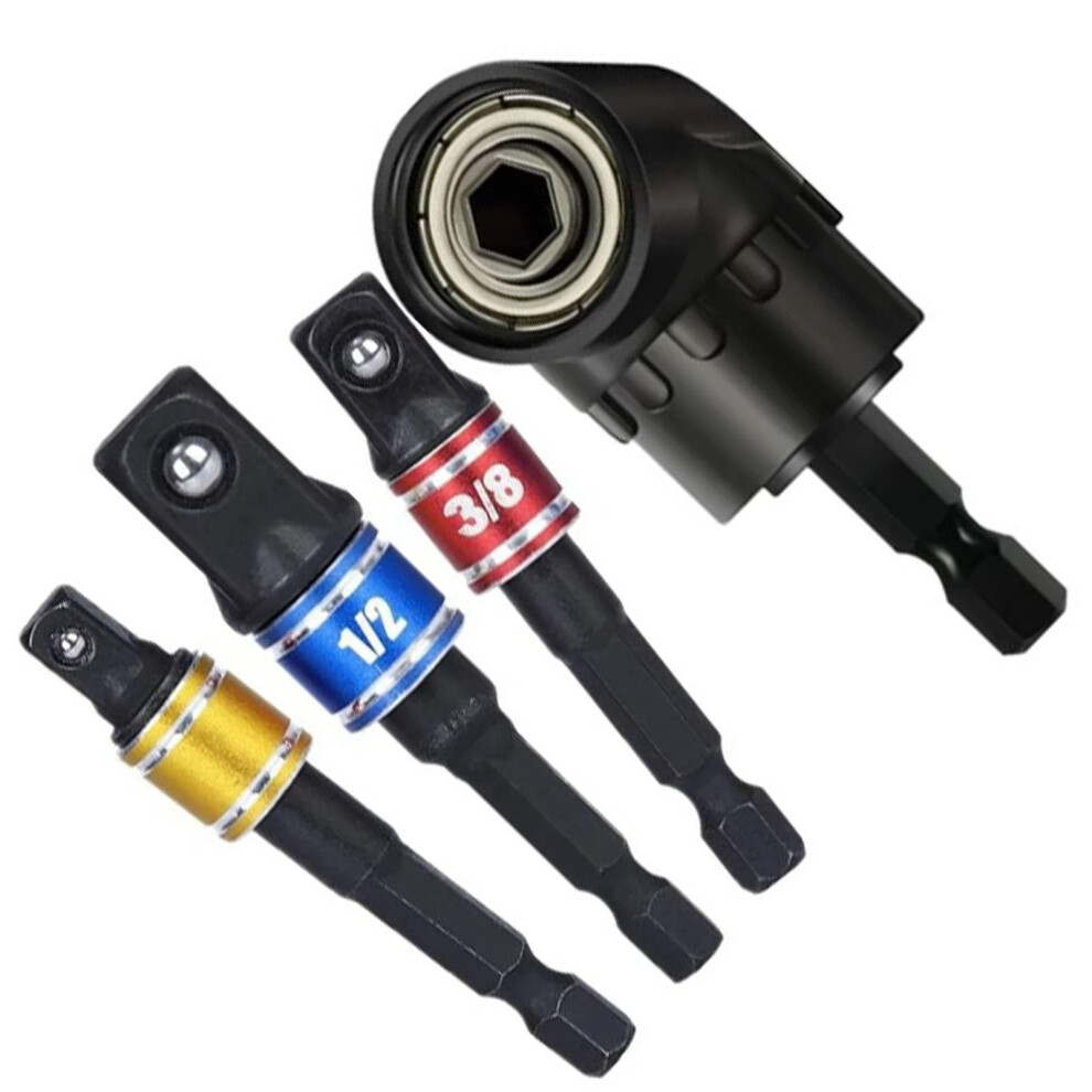 4Pcs Drill Adapter 105 Degree Angled Bit With 3 Socket Adapters 1/2In 3/8In 1/4In For Nut Screw 360 Degree Parallel Adjustment 9354506622107