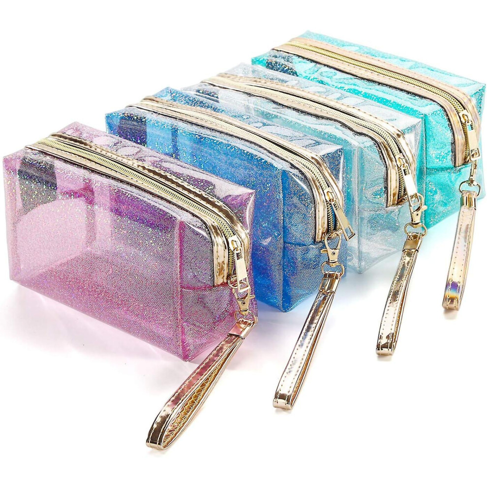 Kikidex (As Show, One Size) 4Pcs Waterproof Cosmetic Bags Pvc Transparent Zippered Toiletry Bag With Handle Strap Portable Clear Makeup Bag Pouch Fo