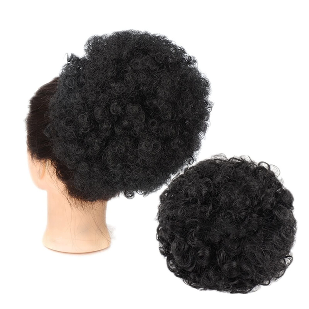 Unisex Black Human Hair Messy Buns Afro Puff Drawstring Ponytail Synthetic Short Kinky Curly Afro Bun Extension Updo 8Inch Dark