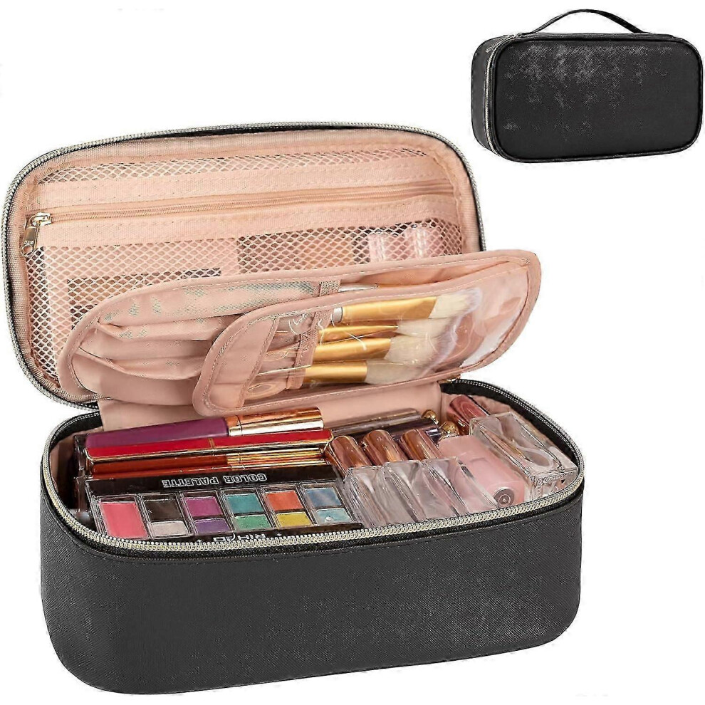 Small Makeup Bag Black, Travel Cosmetic Bag with Brush Organizer, Everyday Use