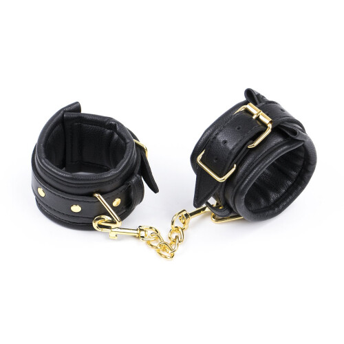 Bondage Handcuffs Set Padded Leather Restraints Lockable Adjustable Wrist Cuffs Black