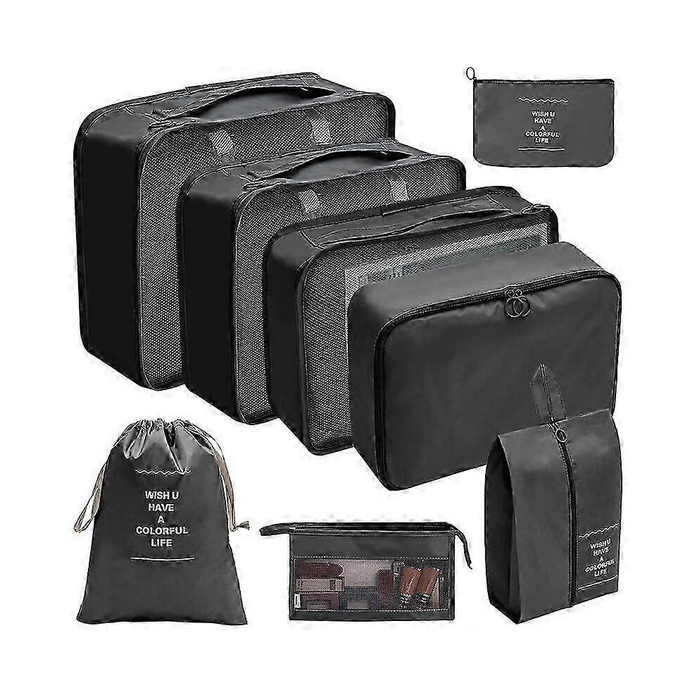Packing Cubes Set of 8 Black, Large Capacity Travel Organizer, Luggage Storage Bags