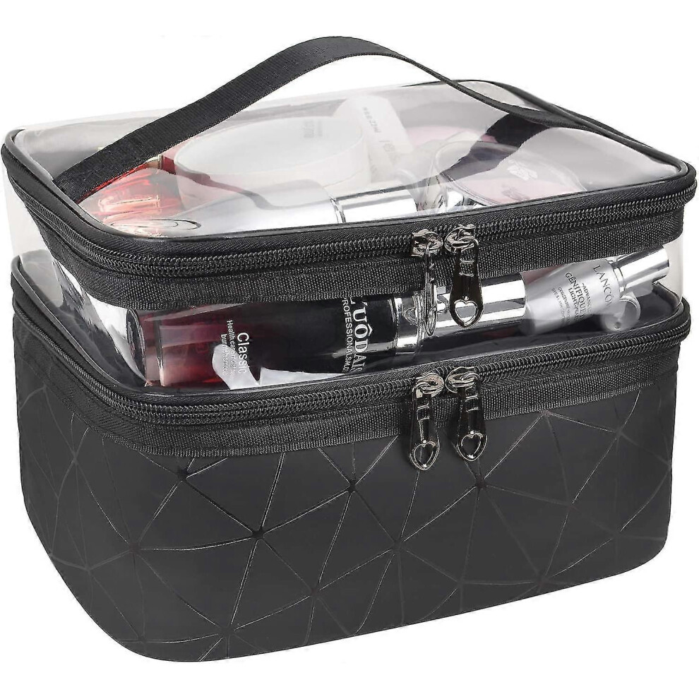 Double Layer Makeup Bag Travel Toiletry Organizer, Cosmetic Storage Case Black