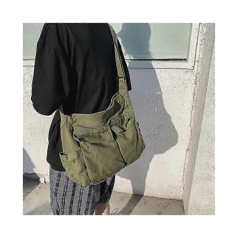 Large Canvas Messenger Bag Black, Multi Compartment Shoulder Bag, Unisex Casual Bag
