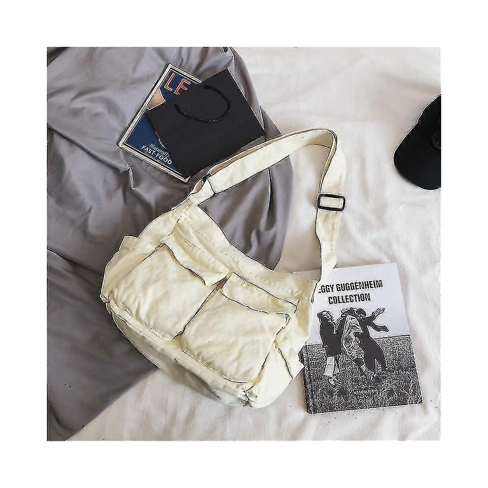 Canvas Shoulder Bag Large Capacity Messenger Bag, Student Book Bag Unisex White