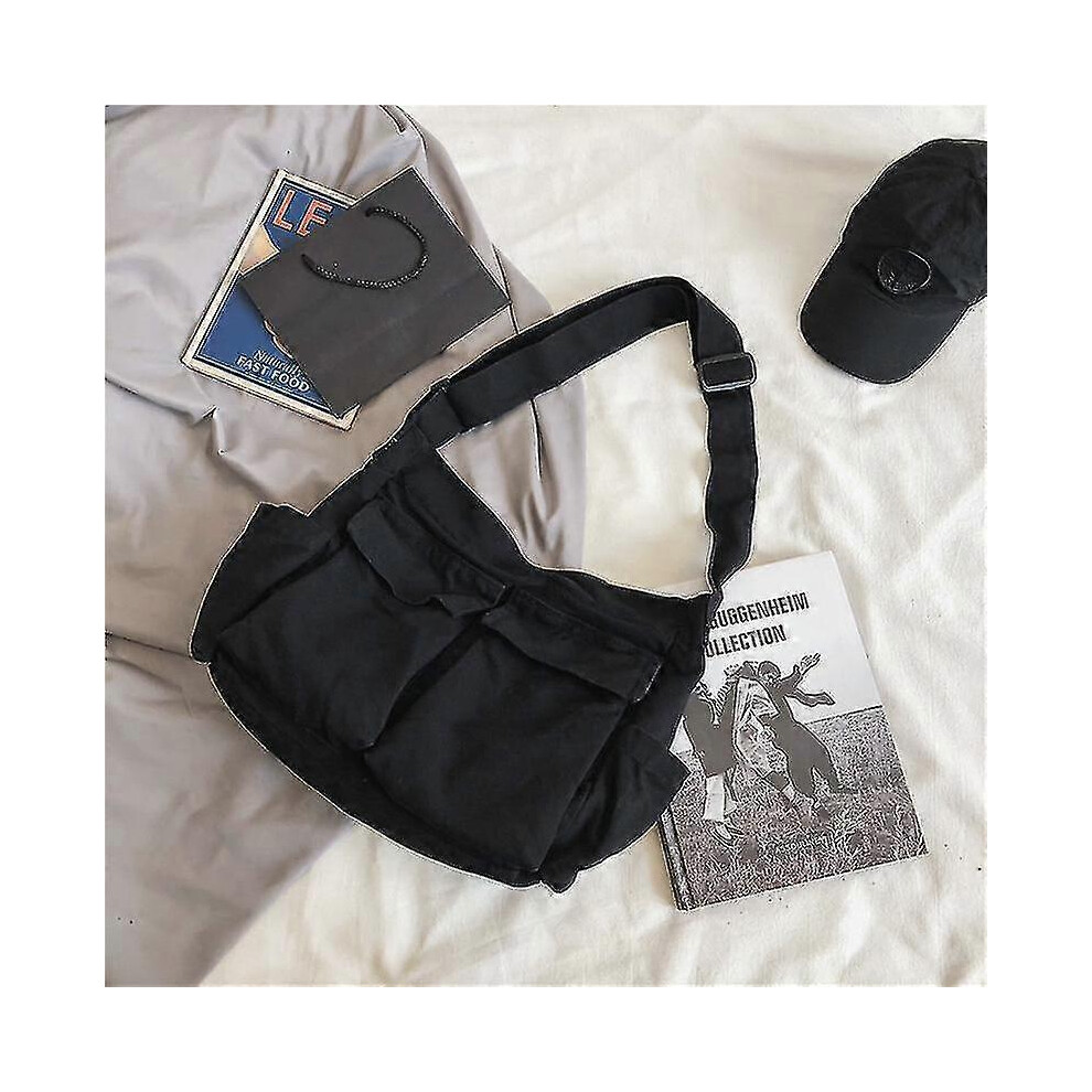 Canvas Shoulder Bag Large Capacity Messenger Bag, Student Book Bag Unisex Black