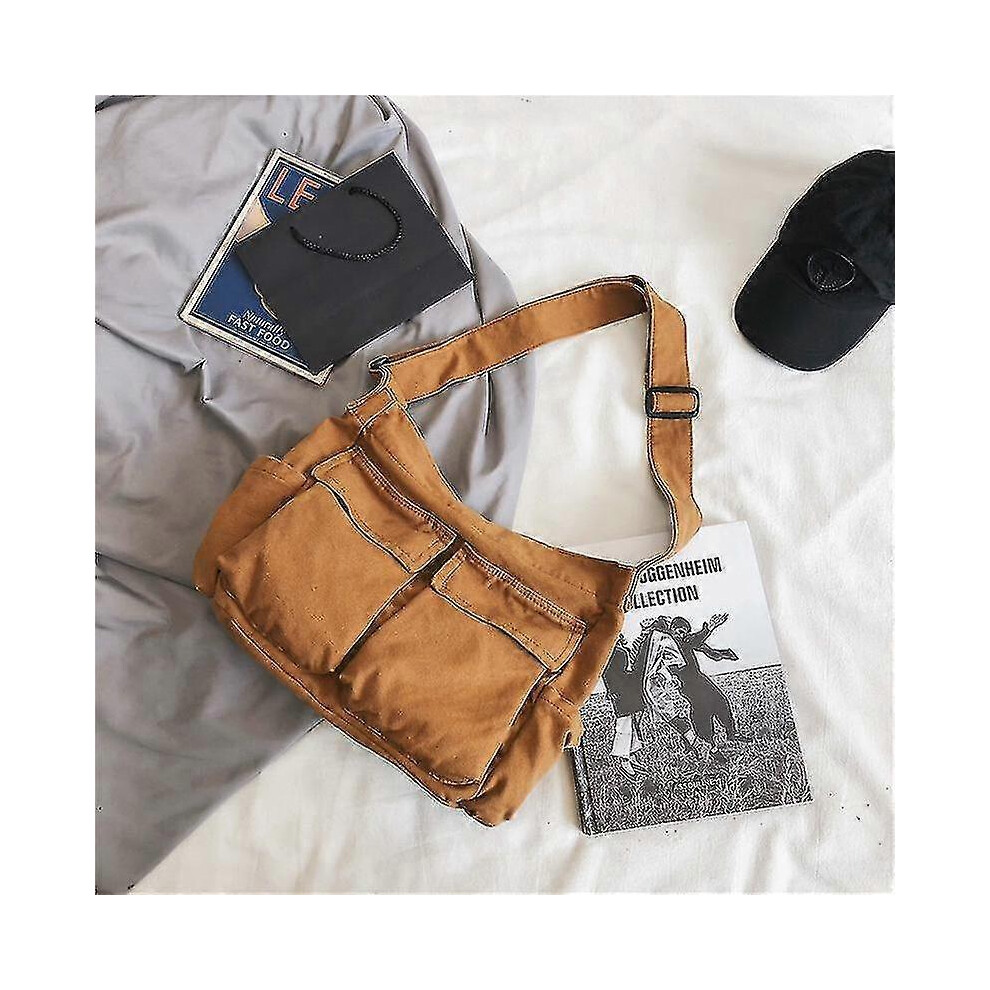 Canvas Shoulder Bag Large Capacity Messenger Bag, Student Book Bag Unisex Brown