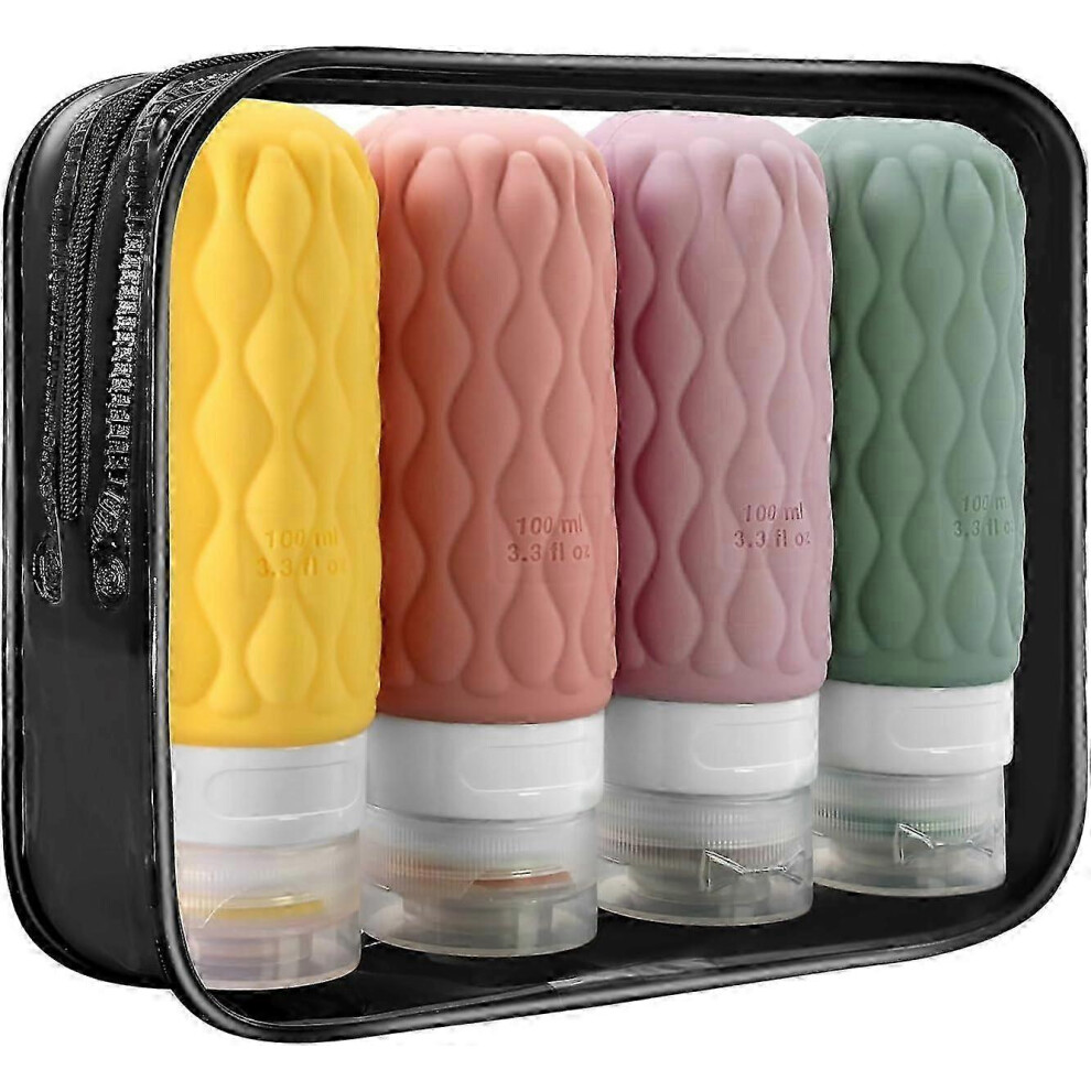 Travel Toiletry Bottles Set of 4, 100ml Labeled Containers, Zippered Cosmetic Bag Included