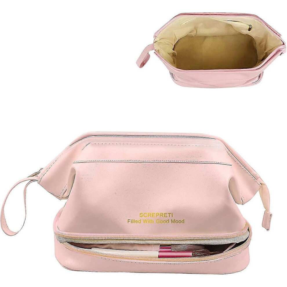 Large Makeup Bag Pink, Double Layer Cosmetic Bag, Waterproof Travel Toiletry Bag for Women Girls