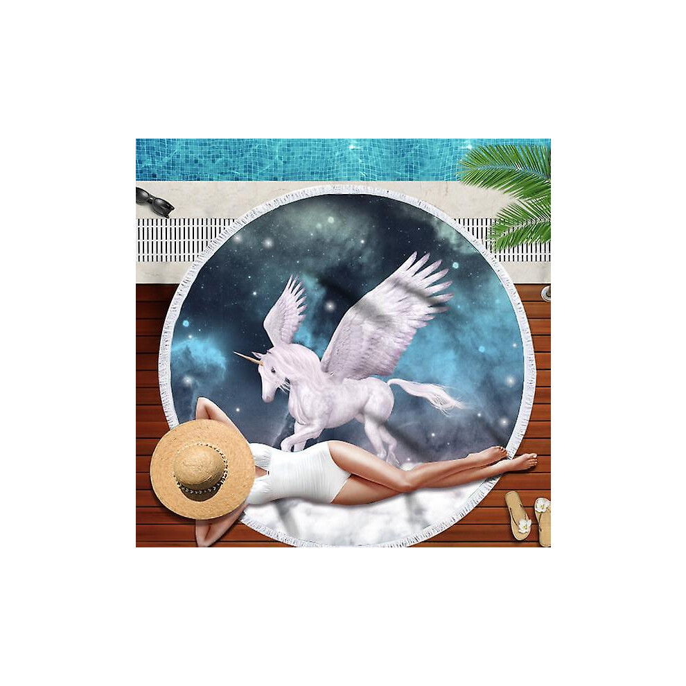 Kikidex (As Show, One Size) Round Beach Towel With Pompom - Dreamy Horse - Yoga Mat - Tablecloth, Scarf, Beach, Leisure, Picnic White