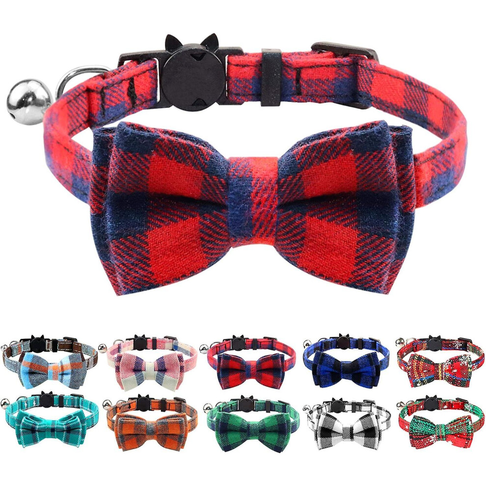 Kikidex (As Show, One Size) Breakaway Cat Collar With Bow Tie And Bell, Cute Plaid Patterns, 1 Or 2 Pack Kitty Safety Collars