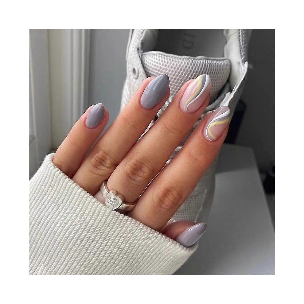 Kikidex (As Show, One Size) 24-Pack Women's Wear Nails Oval Style Purple Gray White Yellow Line Wavy For Summer Diy Manicure Tools Full Coverage Nail Stickers