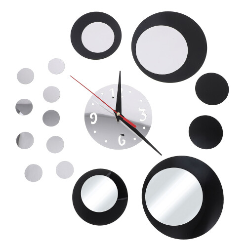 Black And Silver Circle 3D Crystal Mirror Wall Clock Acrylic Decor