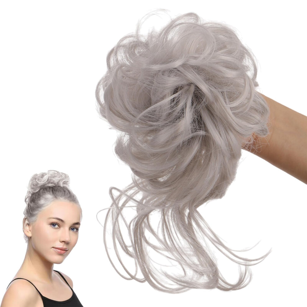 Unisex White Bun Ponytail Hair Extensions Wavy Curly Messy Bun Extension Fake Hair Ponytail For Women And Girls Color Hair