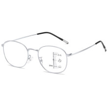 Round Varifocal Reading Glasses Metal Thin Frame Blue Light Blocking Multifocal Computer Titanium Silver 3.0 Dioptres