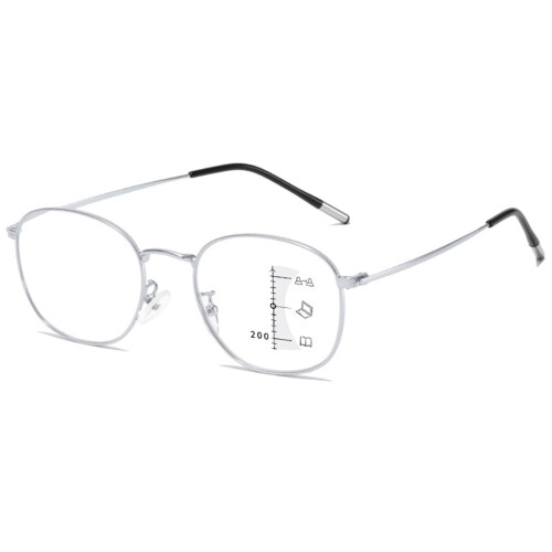 Round Varifocal Reading Glasses Metal Thin Frame Blue Light Blocking Multifocal Computer Titanium Silver 3.0 Dioptres
