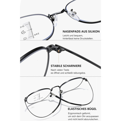 Round Varifocal Reading Glasses Metal Thin Frame Blue Light Blocking Multifocal Computer Titanium Silver 3.0 Dioptres 1