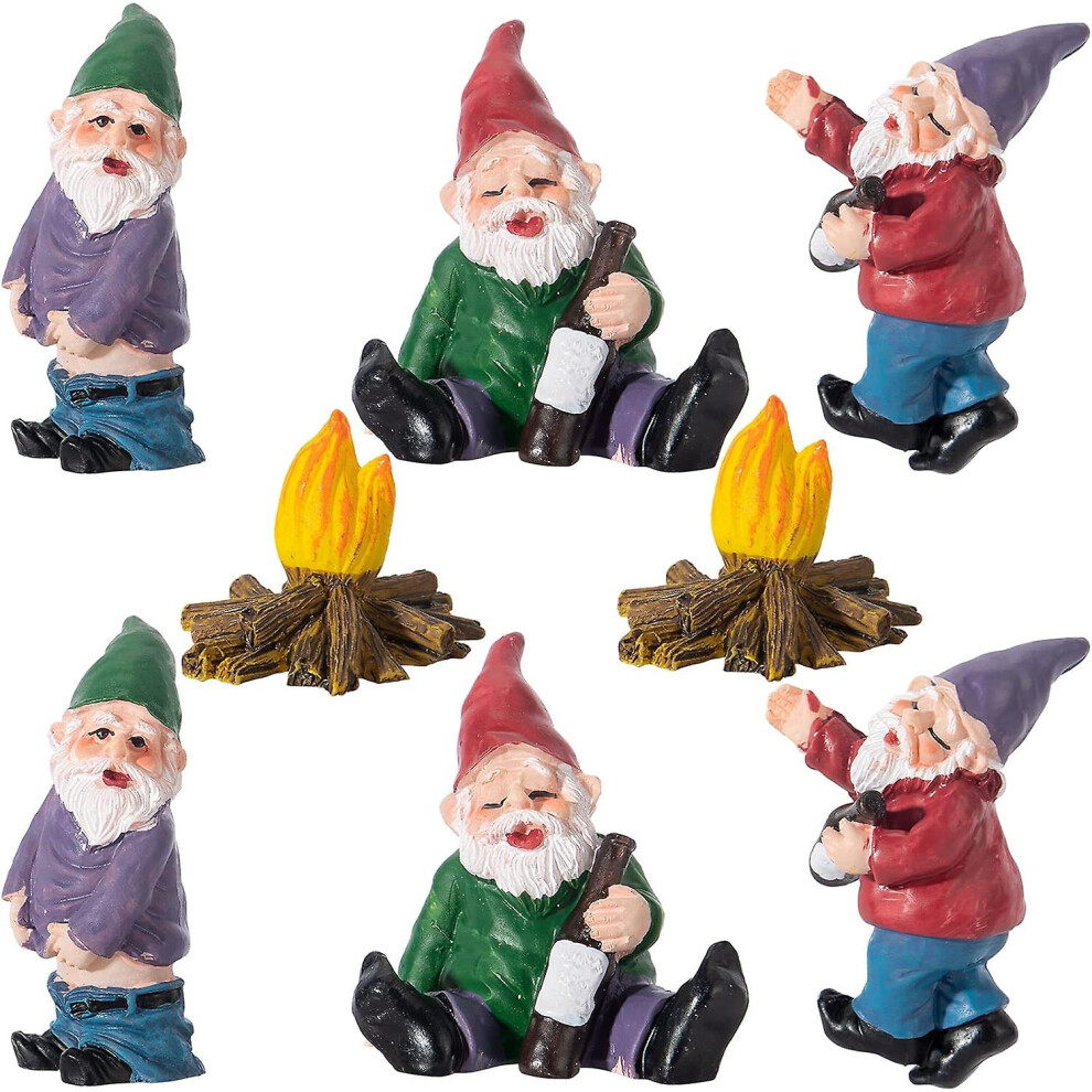 Kikidex (As Show, One Size) 8Pcs Miniature Resin Garden Gnomes- Mini Drunk Gnome Figurines With Bonfire Naughty Dwarf Elf Statues Funny Fairy Garden