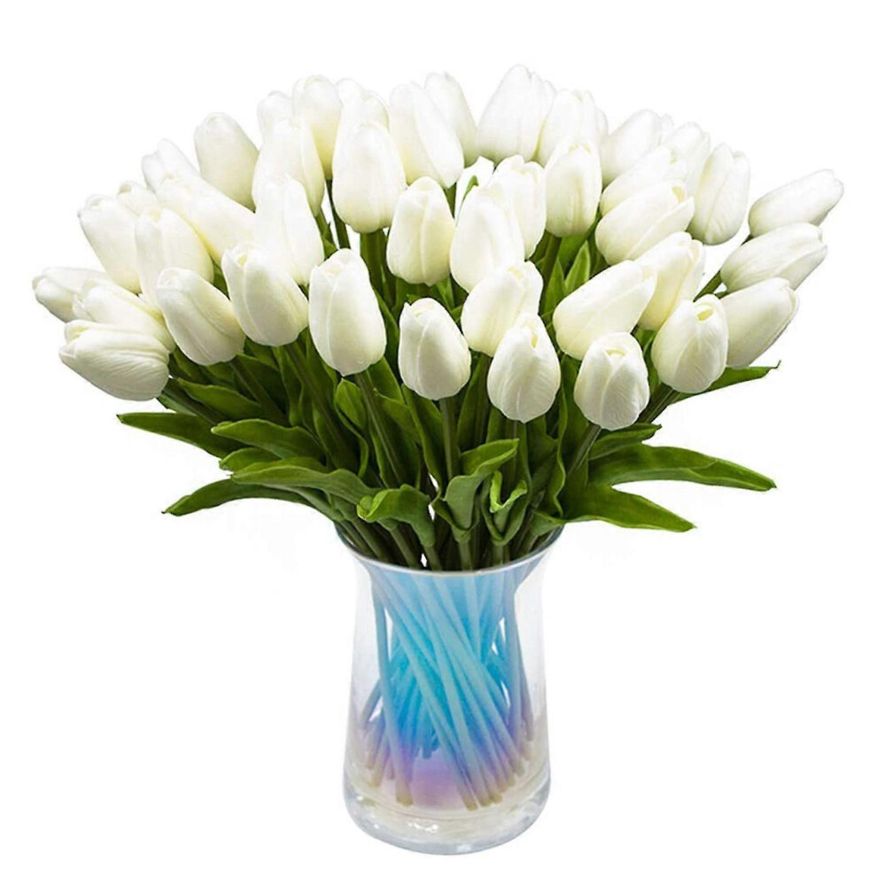 Kikidex (As Show, One Size) 30Pcs Artificial Tulips Flowers Real Touch Tulips Pu Tulip Bouquet Latex Flower Tulip(White) White