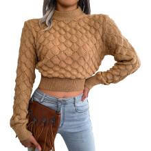 (Khaki M) 3D Rhombus Hollow Sweater Women Long Sleeve Knit Top Grey M