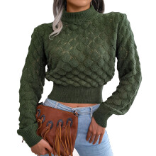 (OD Green S) 3D Rhombus Hollow Sweater Women Long Sleeve Knit Top Grey M