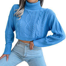 (Blue S) Cropped Twisted Texture Turtleneck Sweater Loose Pullover Blue M