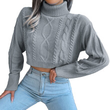 (Grey L) Cropped Twisted Texture Turtleneck Sweater Loose Pullover Blue M