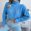 (Blue M) Cropped Twisted Texture Turtleneck Sweater Loose Pullover Blue M 4