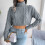 (Grey L) Cropped Twisted Texture Turtleneck Sweater Loose Pullover Blue M 5