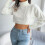 (White L) Cropped Twisted Texture Turtleneck Sweater Loose Pullover Blue M 5