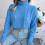 (Blue M) Cropped Twisted Texture Turtleneck Sweater Loose Pullover Blue M 5