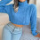 (Blue M) Cropped Twisted Texture Turtleneck Sweater Loose Pullover Blue M 3